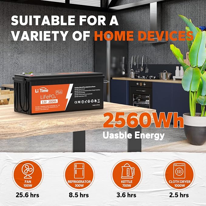 LiTime 12V 200Ah Plus Lithium LiFePO4 Battery, Built-in 200A BMS, 4000+ Deep Cycles, Max 2560W Power Output, FCC&UL Certificates, 10-Year Lifetime, Perfect for RV, Solar, Off-Grid, etc. (2 Packs)