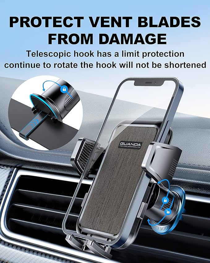 Car Phone Holder Mount for Air Vent, [Never Shake Hook Clip] 360° Adjustable Vent Clip, Compatible with Big Phones,Thick Cases, Phone Holders for Your Car–Fits iPhone, Samsung and Android