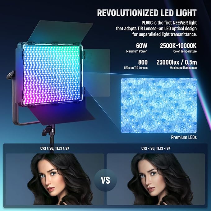 NEEWER PL60C RGB LED Panel Video Light APP/2.4G/DMX Control, 60W 23000Lux/0.5m 2500K-10000K RGBCW Pro Photography Studio Lighting /18 Scenes/V Battery Powered for Outdoor Filming Recording Streaming