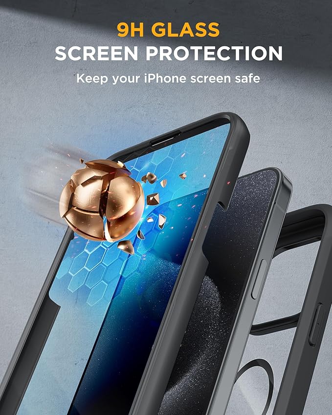 Miracase Magnetic for iPhone 15 Pro Max Case 6.7'' [Compatible with Magsafe] Full-Body Drop Proof Bumper Phone Case for iPhone 15 Pro Max with Built-in 9H Tempered Glass Screen Protector,Black