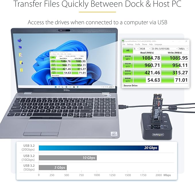 StarTech.com 1:1 M.2 NVMe Drive Duplicator, 90GBpm Standalone M.2 SSD Cloner/Copier, USB-C 3.2 20Gbps M.2 Dual-Bay Drive Dock
