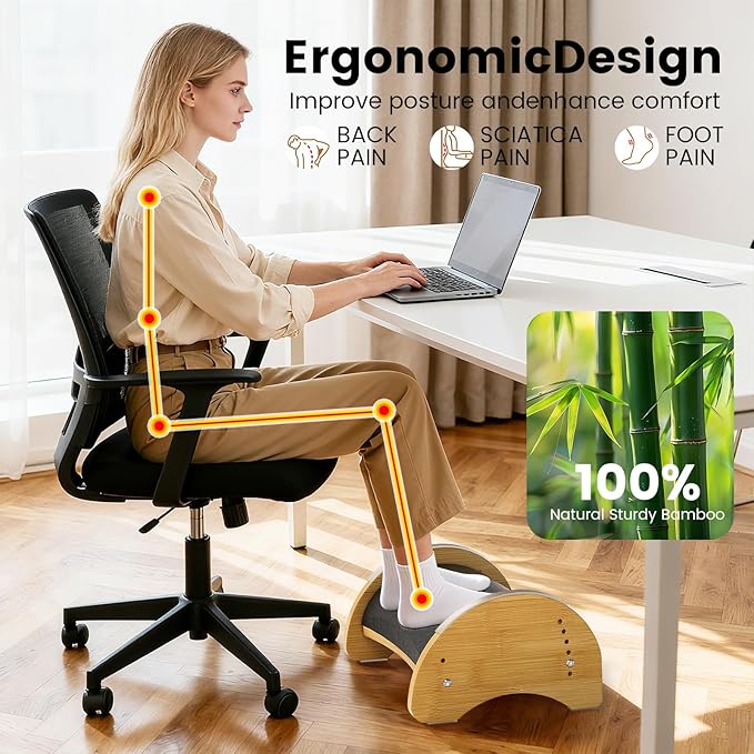 Bamboo Foot Rest for Under Desk at Work, Reversible Ergonomic Rocking Office Foot Rest, 6 Heights Adjustable & Non-Slip Mats with Foam Cushion, Under Desk Footrest for Home Office