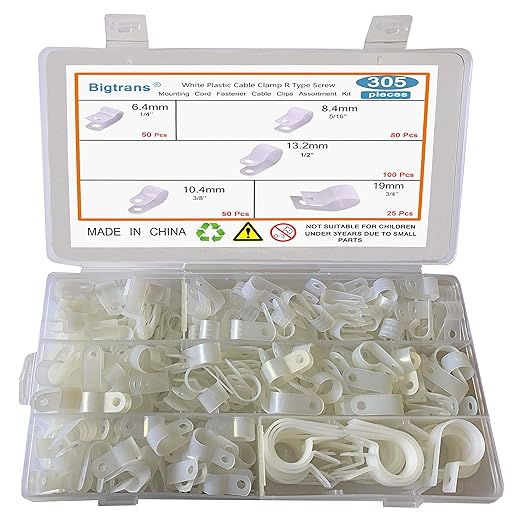 Bigtrans 305 Pcs Nylon Plastic R-Type Wire Clips 1/4" 5/16" 3/8" 1/2" 3/4" Clamps Fasteners Assortment for Cable Conduit -5 Size -White