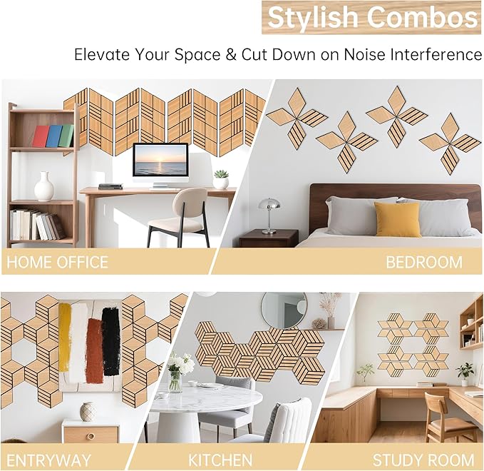 Mollywell Hexagon Acoustic Panels, Natural Oak TH4, 14x12x0.4 Inch, 12 Pack |Wood Veneer|High Density Sound Proofing Wall Panels|Self Adhesive Sound Dampening Felt Wall Tiles|Home Theater|Gaming Room|