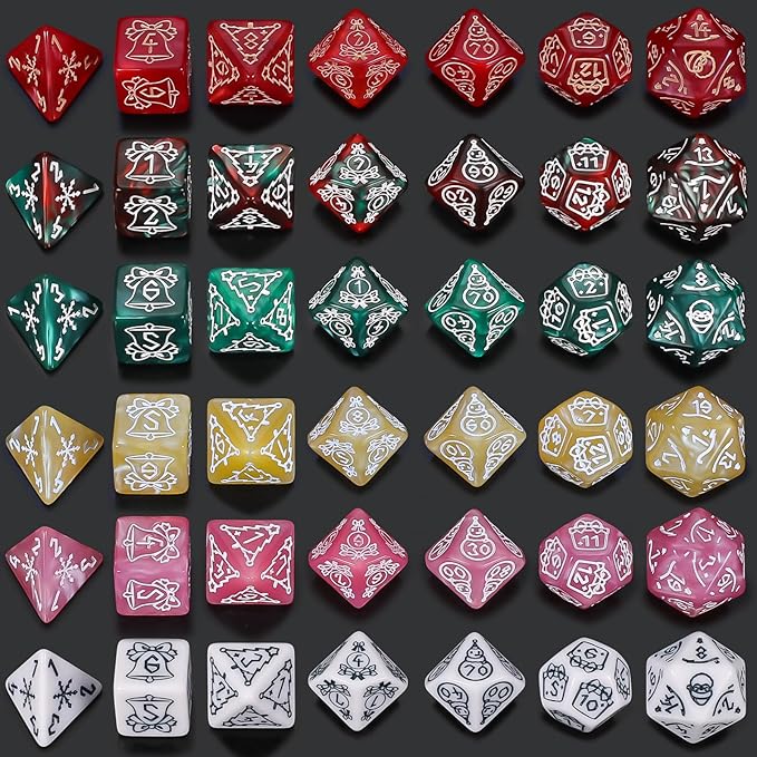 CiaraQ Polyhedral Dice Set, 6 Colors with 6 Decorative Pouches, 7 Pieces per Set, Fantasy RPG Gaming Dice/DND Dice/Role Playing Dice, Christmas Themed