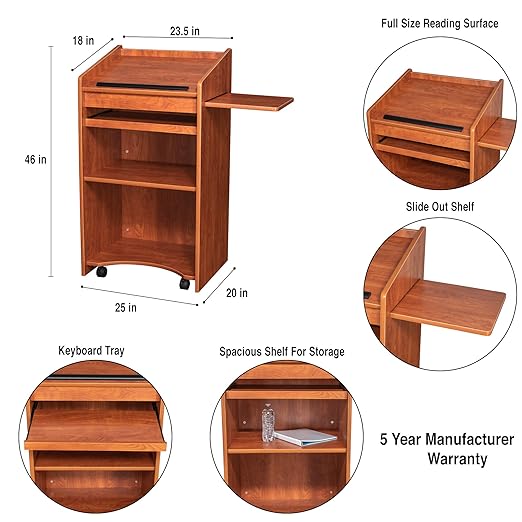 OEF Furnishings Mobile Floor Lectern with Side Shelf And Keyboard Tray, Cherry