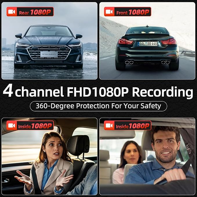 4 Channel Mirror Dash Cam, Dash Cam Front and Rear/Inside, 12’’ FHD 1080Px4 Rear View Mirror Camera, IR Night Vision for Left and Right Inside Car Camera, Built-in WiFi, GPS, Parking Monitor