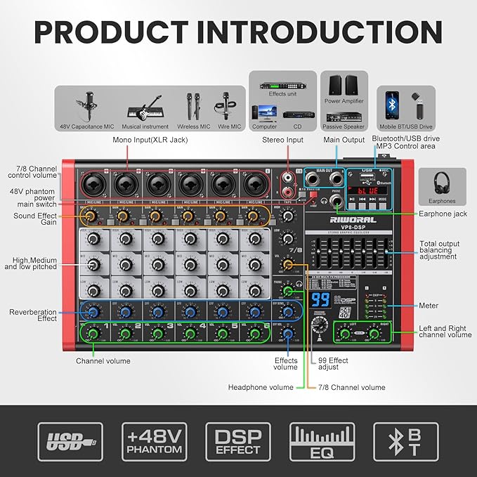 8 Channel Audio Interface Sound Board Mixing Console XLR 1/4 inch Jack USB Bluetooth Echo Delay Effect, Input 48V Phantom Power Stereo DJ Mixers for Podcasting