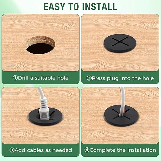10Pcs Desk Grommet, 1" (25mm) Black Silicone Cord Hole Cover, Flexible Rubber Wire Grommets, Wall Grommets for Cables Management, Table, Countertop, Cabinets and Furnitures Wire Organizer