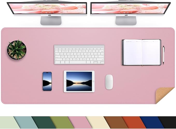 Leather Desk pad Protector, Large Desk mat with Natural Cork & PU Leather,Mouse pad,Non-Slip Office Desk Mat,Waterproof Desk Writing Pad for Office and Home (47in*17in,Rose Pink)