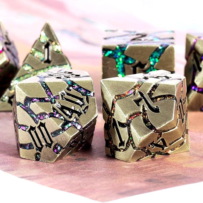 Metal DND Dice Set, 7PCS Polyhedral D&D Dice Set,Glitter Crack Dice Set for Dungeons and Dragons Role Playing Game(Antique Blue 7 Colors)