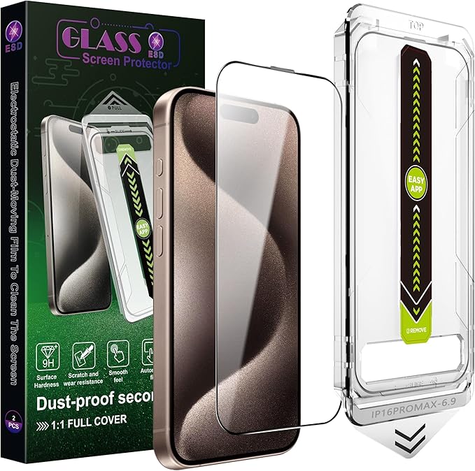 [2-Pack Ultra HD Clear Screen Protector for iPhone 16 Pro Max (6.9-Inch),9H Tempered Glass,Full Coverage,Anti-Fingerprint,Auto Dust Removal,Bubble-Free,Easy Installation