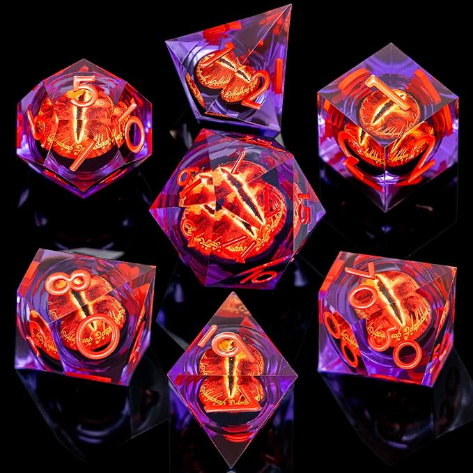 ARUOHHA DND Resin Dice Gazes Eye Dice Purple Red Liquid Core Flaming RPG Sharp Edged Dice Set with Gift Box, Polyhedral D and D Dice Set Compatible with Dungeons Dragons Role Playing Game D20 D6