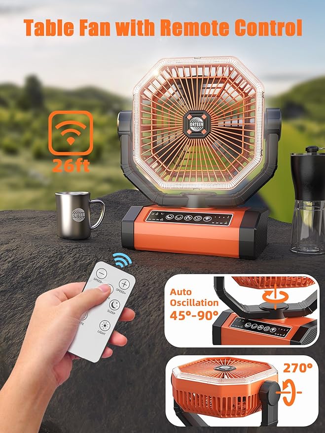 Battery Powered Fan - 9-Inch Rechargeable Fan Portable, 20000mAh(60Hrs) Camping Fans for Tent, Auto Oscillation Cordless, Tent Fans for Camping with Remote/light, 4 Speeds, 4 Timing, Outdoor