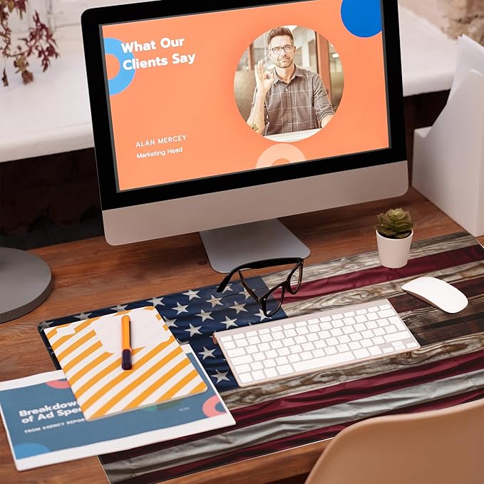 Large Gaming Mouse Pad for Desk,Wooden American Flag Desk Mat,Wooden USA Flag Desk Pad,Extended Big Computer Keyboard Mouse Pad with Non-Slip Base and Stitched Edge,35.4"x15.7"