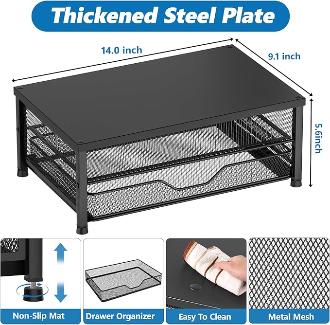 Desk Organizers and Accessories, 2-Tier Computer Monitor Stand Riser with Drawer, Laptop Stand, Office Desk Accessories, Workspace Desktop Organizer for Office Supplies, Black