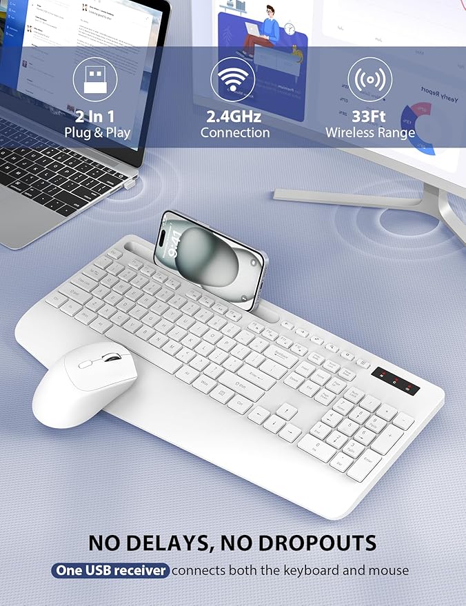 Wireless Keyboard and Mouse Combo - Full-Sized Ergonomic Keyboard with Wrist Rest, Phone Holder, Sleep Mode, Silent 2.4GHz Cordless Keyboard Mouse Combo for Computer, Laptop, PC, Mac, Windows,White