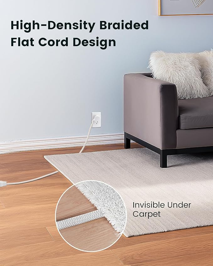 SURAIELEC Flat Extension Cord 3FT, 360° Rotating Flat Plug Extension Cord with 3 Outlets, Braided White Cord for Indoor Use, Small Space, Compact Areas, 16/3C SPT, ETL Listed, 2 Pack