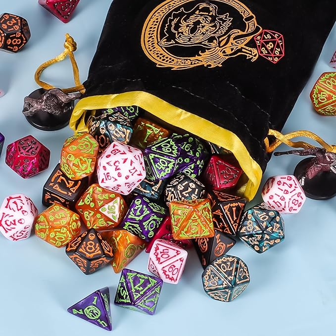 CiaraQ DND Polyhedral Dice Set (42pcs) with A Gold Pattern Drawstring Bag for Dungeons and Dragons RPG MTG Table Games. 6 Sets Halloween Pumpkin Role Playing Dice Set