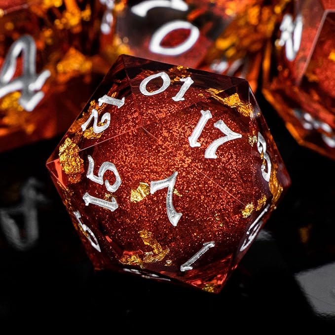 ARUOHHA Liquid Core DND Dice Set, 7pcs Resin Sharp Edged Dragons Dice Role Playing Games, RPG Silver Numbers Red Dungeons Polyhedral Dice with Gift Box D20 D12 D10 D8 D6 D4