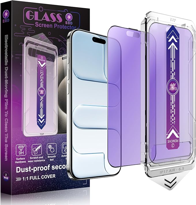 Anti Blue Light Matte Screen Protector for iPhone Air 6.5-Inch, Auto Dust Removal, 9H Tempered Glass, Full Cover, Anti-Fingerprint, Easy Installation, 2 Pack