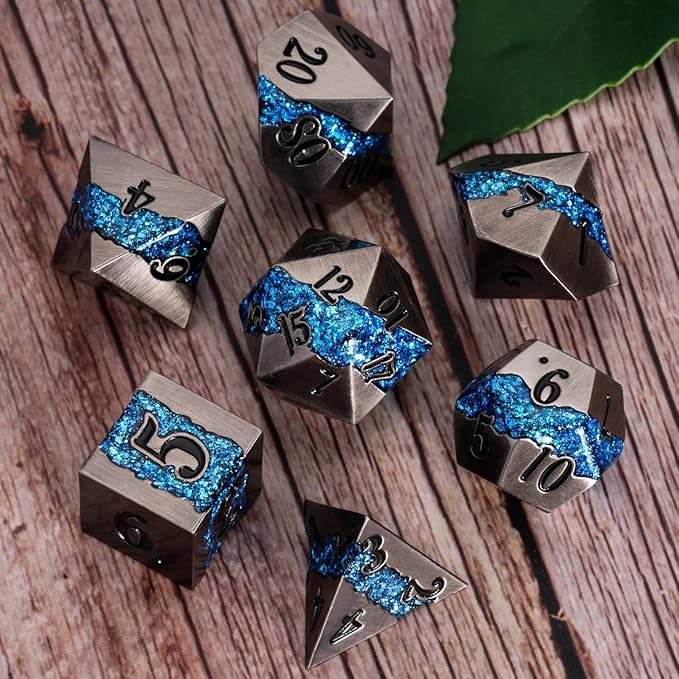 Metal DND Polyhedral Dice,Large Stripe Glitter Metallic Dice Set,Antique Silver Dice 7pcs Set for Role Playing Games