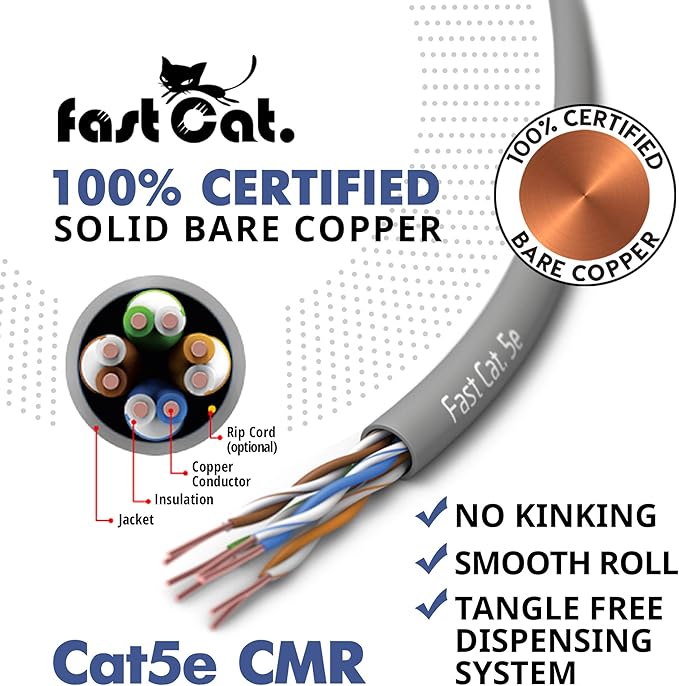 fast Cat. Cat5e Ethernet Cable 1000ft - 24 AWG, CMR, Insulated Bare Copper Wire Cat 5 ethernet Cable with FastReel - 350MHZ / Gigabit Speed UTP Cable Cat5e - CMR (Black)