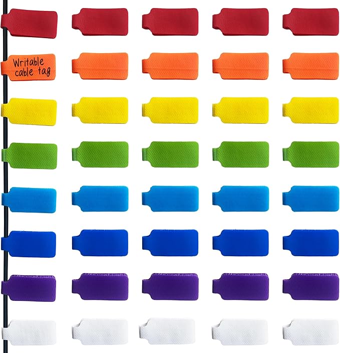 Mr-Label – 40 Pcs 0.78" x 3.54" Hook and Loop Cable Labels –Cord Tags – Upgraded Writable Cable Wraps for Clear Writing - Writable Wire Labels for Cable Management | Electronics Computers (8 Colors)