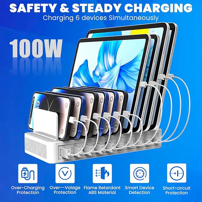 Charging Station for Multiple Devices, 100W 10 Ports Flat Plug Charging Dock with 10 Cables Smart IC Tech and Adjustable Dividers Type-C，Multi USB Charger for iPhone Galaxy iPad Tablet，White
