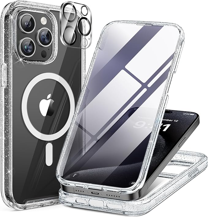 Miracase Magnetic for iPhone 15 Pro Case [Compatible with MagSafe] Full-Body Phone case with Built-in Glass Screen Protector& Camera Protector, Military Drop Proof 15 Pro Cover, Magnetic Clear Glitter