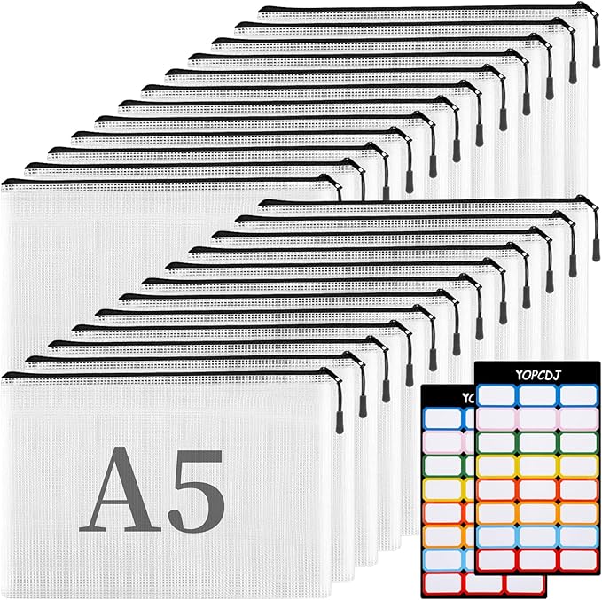 A5 Mesh Zipper Pouch, 24 Pack 9.4" x 6.9" Plastic Zipper Pouches for Organizing, Multipurpose Waterproof Zipper Bags for Travel Office Home Storage, Black