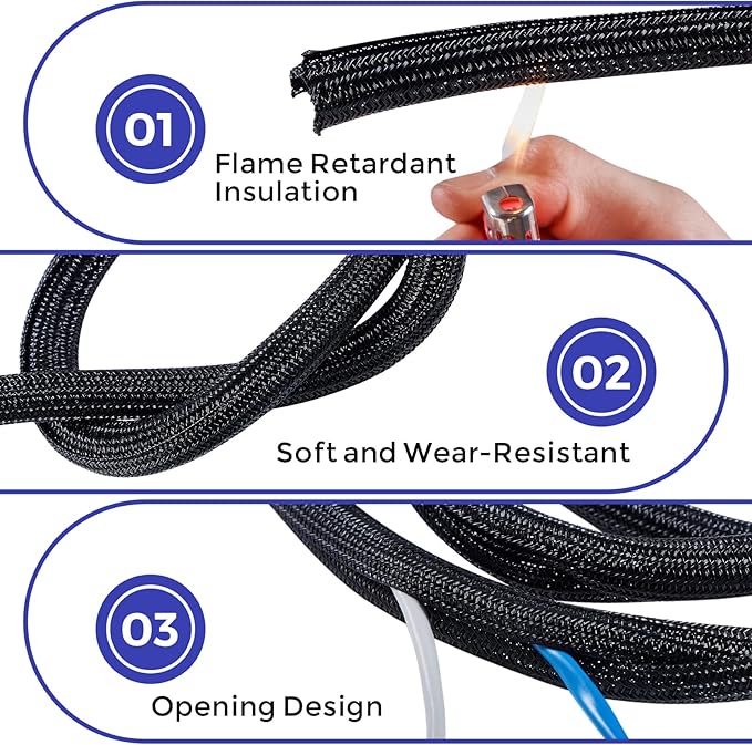 Cable Management Sleeves 1.5in - 2 Pack 4.1ft Split Braided Cable Sleeve Black, Wire Organizers for Cords, Hard PE Cord Protectors from Pets, Flexible Cord Wrap Wire Sleeve for Computer Cord Organizer