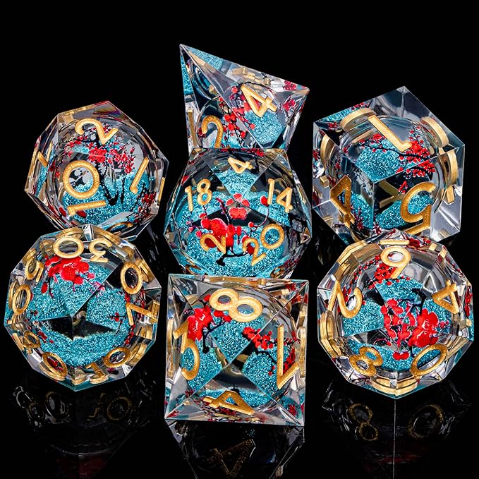 Plum Blossom DND Dice Blue Liquid Core Dice Set with Metal Box, Handmade Sharp Edge Dice D and D Polyhedral Dice for use with D&D RPG Role Playing Game ﻿