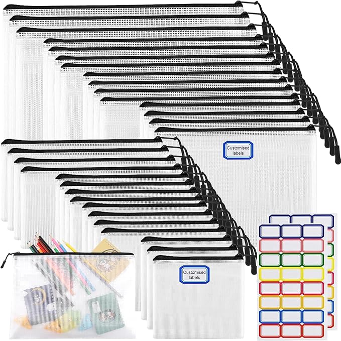 30pcs Multisize Mesh Zipper Pouch, YOPCDJ Lego Storage Organizer, 8 Sizes Waterproof Plastic Document Pouch, Bags for Travel Storage, Game, Office Supply and Home Organize