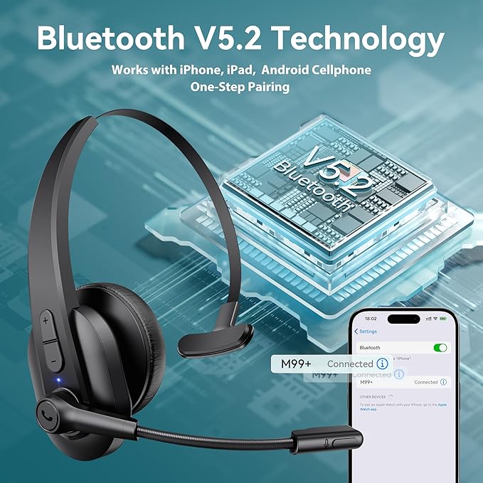 Bluetooth Headset with USB Dongle for Computer, Single-Ear Wireless Headset with Noise Cancelling Microphone for Office & Truckers, Bluetooth V5.2 with Mute Button for Work