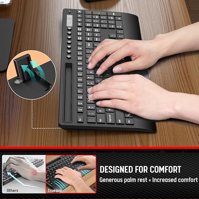 Trueque Wireless Keyboard and Mouse Combo - Full-Size Quiet Keyboard with Palm Rest, Phone Holder, Multimedia Keys, Power Switch, Compatible with Windows, Chrome OS, PC, Laptop (Batteries Included)