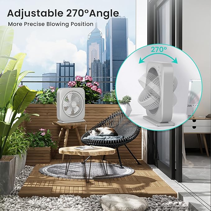 AMACOOL Table Fan, 12 inch Box Fan with 3 Adjustable Speeds & 8HRS Timer, Adjustable Angle Quiet Air Circulator, Desktop Fan for Bedroom Bathroom Kitchen Office, AC Adapter Included (Grey)