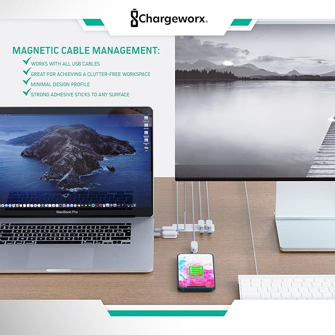 Chargeworx Magnetic Cable Holder for Cable Management – Multipurpose Desktop Cable Management System, 20-PK, Great for USB-C, Lightning, Micro-USB & Other Cables – Sticks to Any Surface (20-PK White)