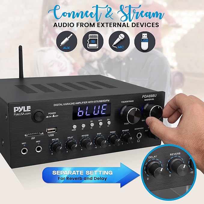 Pyle Stereo Amplifier Audio Receiver with Remote Control - Bluetooth Streaming, MP3/USB/SD/FM Radio, 2.0 Channel HiFi Sound System with RCA/Aux Inputs, Microphone & Headphone Jacks, Adjustable Bass