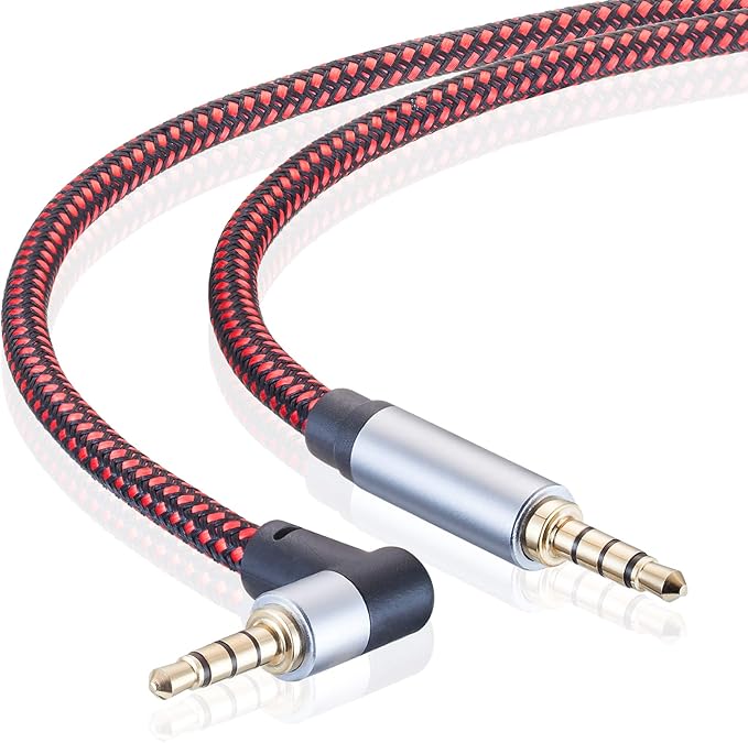 Male to Male Audio Cable 3Ft, 90 Degree TRRS 3.5mm 4 Pole Nylon Braided Stereo Aux Cable for Headphones, PS4, Phone, Tablets, Headset, PC, Laptop and More (3Ft)