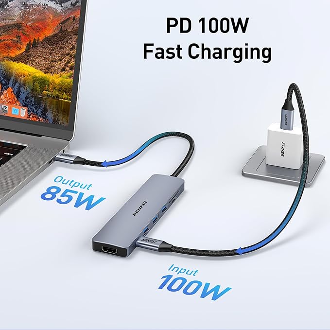 BENFEI USB C HUB 7-in-1 with HDMI(4K@60Hz,Certified), 100W Power Delivery, 3*USB 3.0, SD/TF Card Reader(160MB/s) Compatible with iPhone 15 Pro/Max, MacBook, iPad Pro, iMac, S23, XPS17
