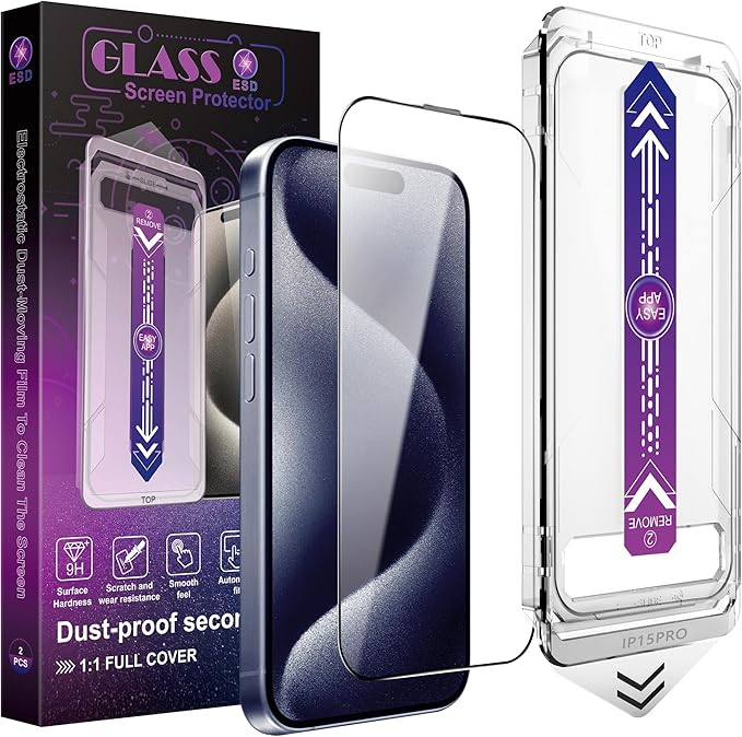 2 Pack Screen Protector for iPhone 15 Pro, 9H Tempered Glass, Full Coverage, Anti-Fingerprint, Auto Dust-Elimination, No Bubble, Easy Installation