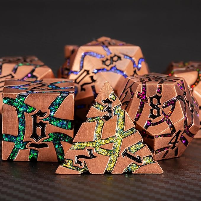 DND Metal Dice Set,7PCS Crack Glitter Metallic Dice with Gift Box,Polyehdral Dice Set for Dungeons and Dragons (Antique Red Copper 7 Colors)