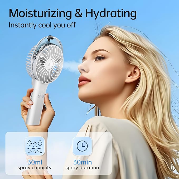 PANERGY Handheld Misting Fan – Rechargeable Battery Operated,Handheld Personal Fan with Mist Spray, Electric Hand Fans, 180° Foldable Mister Fans for Travel, Camping, Disney, Concerts, Office(White)