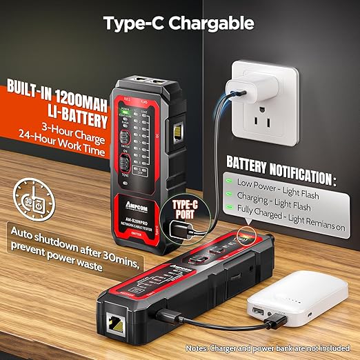 AMPCOM Wire Tracker & Network Cable Tester with PoE Detection, NCV Voltage Detection, RJ45/RJ11 Line Tracer, Type-C Rechargeable, LED Light, for LAN/Ethernet/Telephone Continuity Testing
