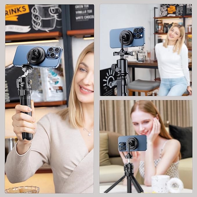 Magnetic Phone Tripod Mount Adapter with Arca Base&1/4" Screw Hole Compatible with MagSafe, 60° Tilt iPhone Tripod Holder for iPhone 17 16 15 14 13 12 Pro Max Plus, Selfie Stick Tripod Arca Ball Head