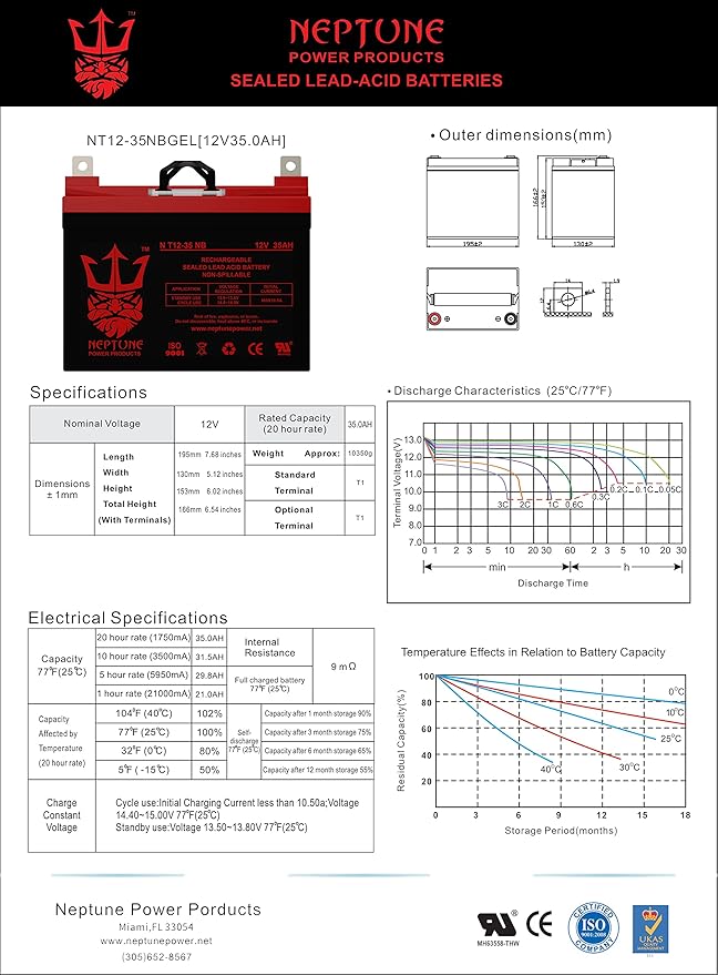 NT-12-35 NB 12V 35AH U1 Deep Cycle AGM Solar Battery Replaces 33Ah, 34Ah, 36Ah Brand Product