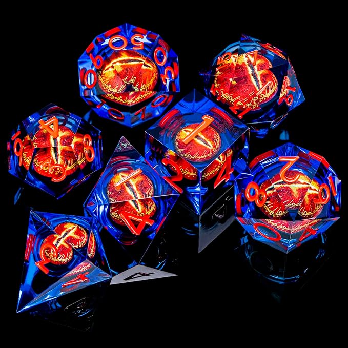 ARUOHHA DND Resin Dice Gazes Eye Dice Blue Red Liquid Core Flaming RPG Sharp Edged Dice Set with Gift Box, Polyhedral D and D Dice Set Compatible with Dungeons Dragons Role Playing Game D20 D6