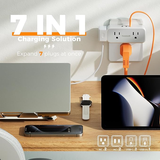 Surge Protector Outlet Extender, TESSAN Multi Plug Splitter with 4 Electrical Outlets 3 USB Blocks(2 USB C), Flat Multiple Wall Plug Expander for Bathroom Home Office Dorm Room Essentials