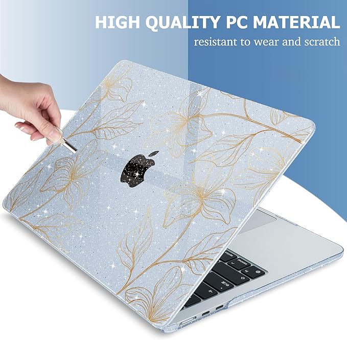 Mektron for 2025 MacBook Air 15 inch M4 Case A3241/ 2024 M3 A3114/ 2023 A2941 M2 Hard Printed Cover with 15.3 Liquid Retina Display Touch ID with Keyboard Skin- Gold Flower S718-Glitter Blue